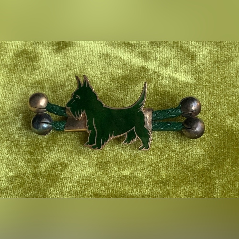 Antique Roosevelt Era Scottie Dog 14k Gold Plated Enamel Brooch